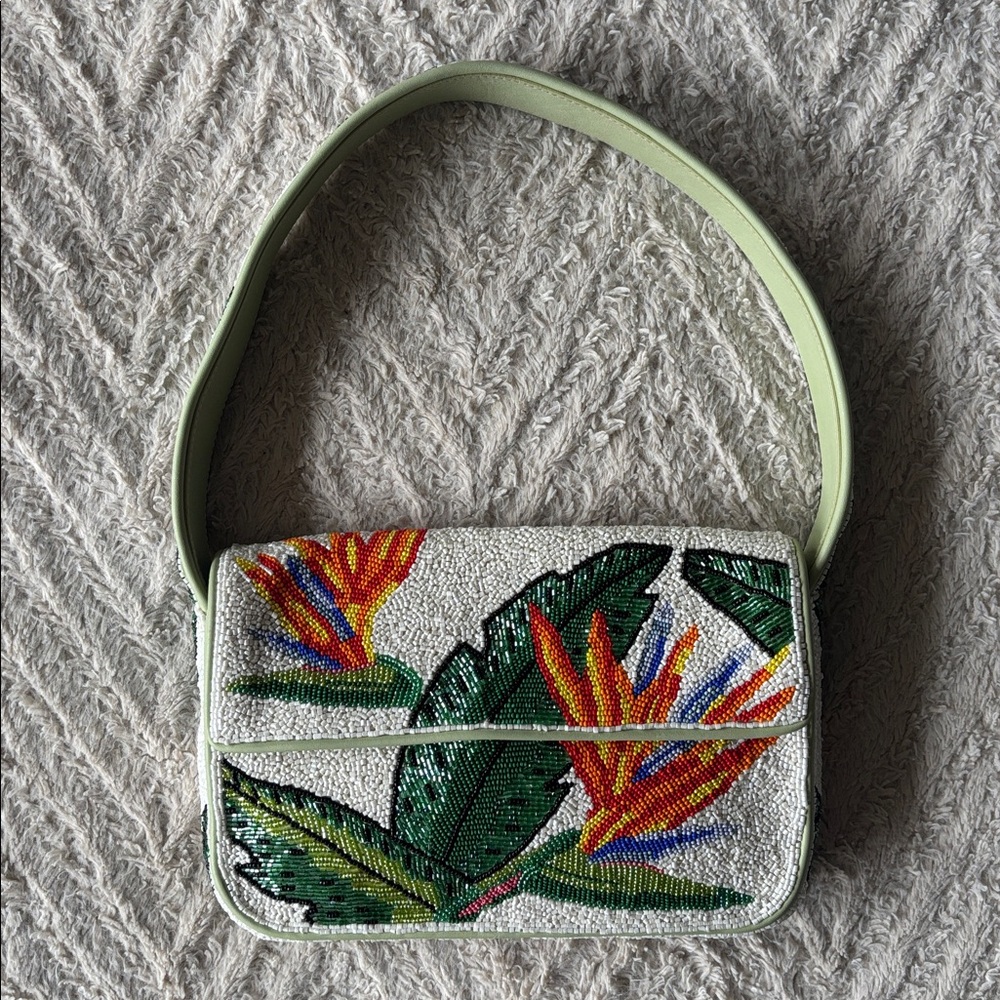 STAUD White Beaded Shoulder Bag with Green Leaves and Orange Floral Accents - Picture 3 of 9